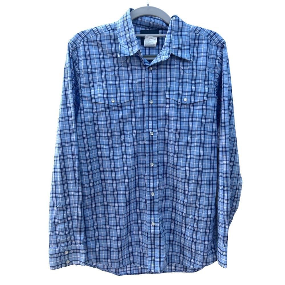 Wrangler Western Snap Shirt Blue Plaid Long Sleeve Pearl Snap Boys XL 14-16